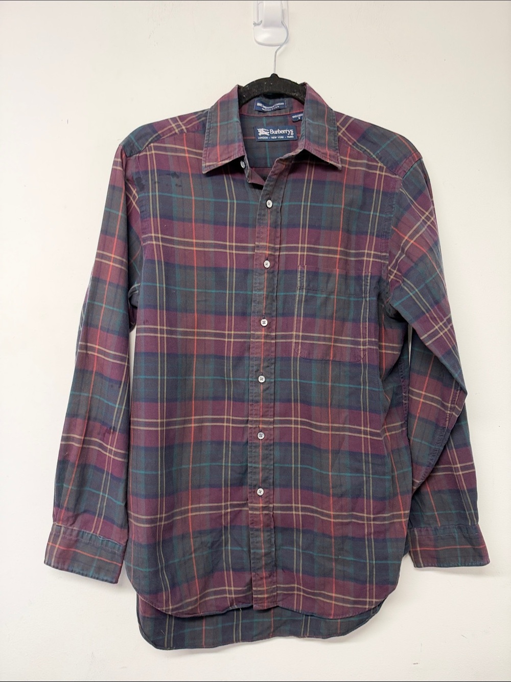 Burberry Men's Plaid Button-Down Shirt in Burgundy and Green